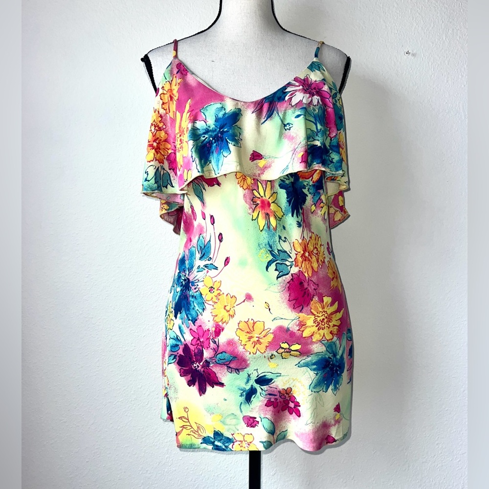 Misope Ruched Floral Tiered Ruffle Mini Dress Size Large